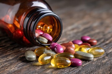 Assorted pills and capsules spilling from a brown bottle on wooden surface