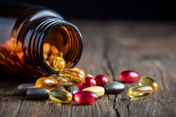 Assorted capsules and tablets spilling from amber bottle on wooden surface