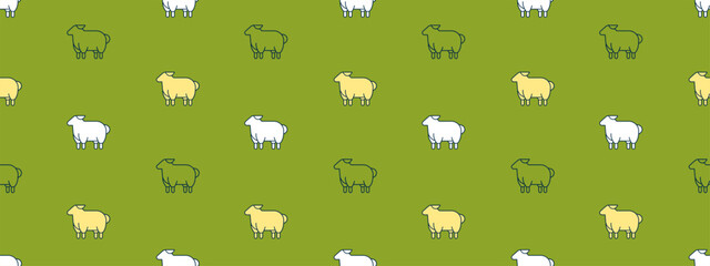 Seamless pattern with cute sheep on blue backdrop. Hand drawn summer background with lambs. Cartoon kid pattern with geometric sheep, vector illustration