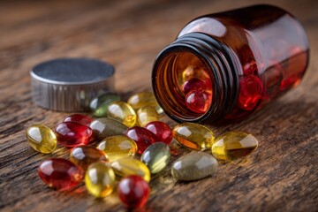 Multicolored vitamin capsules spilled from brown bottle on wooden surface
