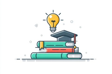Creative education concept: stacked books, graduation cap, and bright idea