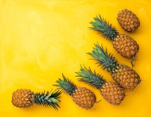 Seven Fresh Pineapples Arranged Diagonally on a Vibrant Yellow Background
