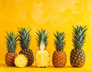 Seven Fresh Pineapples Arranged Diagonally on a Vibrant Yellow Background