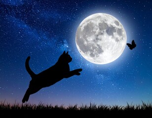 Black Cat Silhouette Leaping at a Butterfly against a Full Moon Night Sky