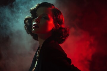 Elegant young caucasian female in dramatic red and blue lighting with smoky background