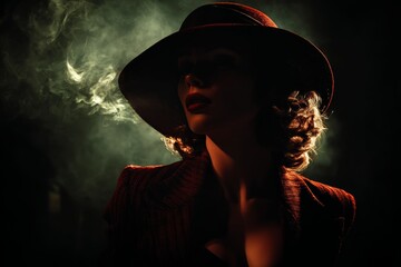 Mysterious female in vintage hat and coat with smoky background
