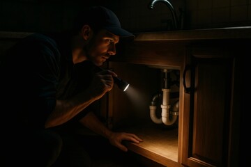 Plumber inspecting plumbing system under a dark sink cabinet, searching for leaks or issues using a powerful flashlight