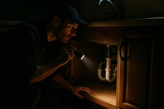Plumber inspecting plumbing system under a dark sink cabinet, searching for leaks or issues using a powerful flashlight