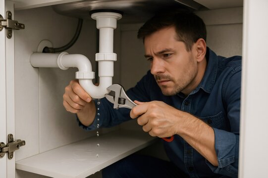 Man using an adjustable wrench to stop a water leak from the P trap plumbing pipe under a kitchen sink