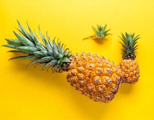 Seven Fresh Pineapples Arranged Diagonally on a Vibrant Yellow Background