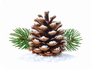 Snow-Dusted Pine Cone and Fir Branch Isolated on White - Winter Holiday & Christmas Decoration