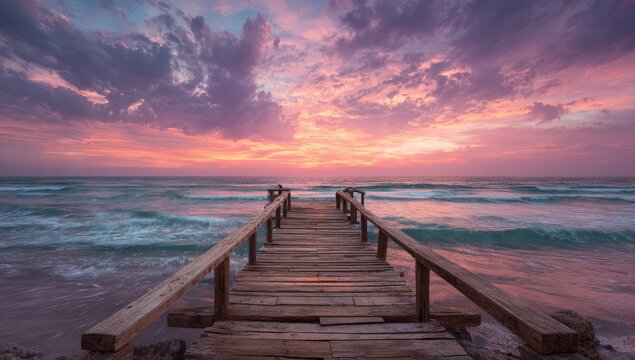 A wooden pier extends towards the serene ocean under a vibrantly colored sunset sky