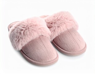 Pair of Pink/Mauve Fuzzy Fleece House Slippers with Faux Fur Trim Isolated on White