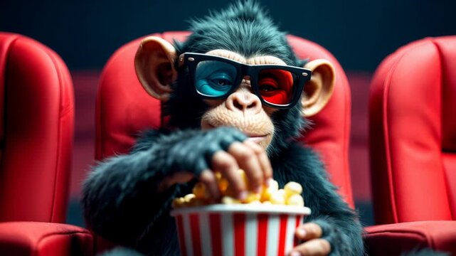 Funny monkey wearing 3D glasses eating popcorn in red cinema seat. Humorous monkey enjoying movie theater experience with snacks in entertainment concept with anthropomorphic animal character.