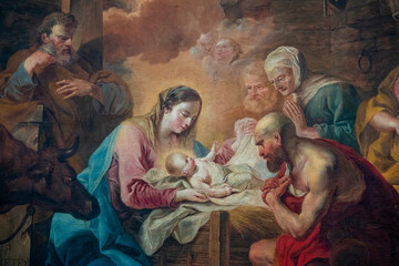 Painting (19th century) of Christmas Nativity Scene with Virgin Mary, Saint Joseph, and Jesus baby.
