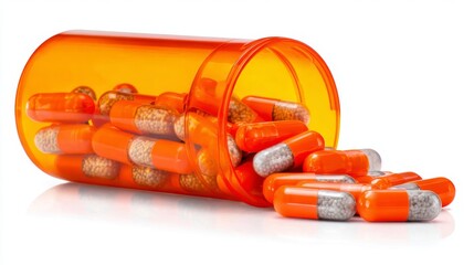 Orange prescription pills spilling from bottle on white background