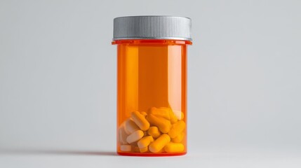 Prescription pill bottle with yellow capsules on gray background