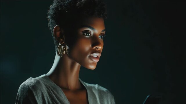 This is a dramatic portrait of a woman with a serious and contemplative expression, set against a dark background. The lighting accentuates her facial features, creating an emotive mood.