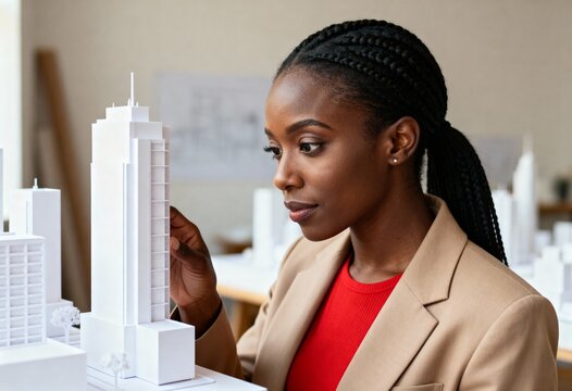 Focused female architect inspecting a skyscraper model in a design studio. Professional Black woman working on an urban development project