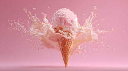 Delicious strawberry ice cream cone with a creamy splash of milk or cream exploding outwards against a soft pink background a refreshing summer treat