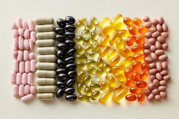 Assorted dietary supplements in various colors and shapes