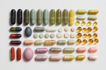 Assorted nutritional capsules and tablets on white background