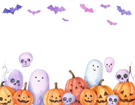 Watercolor Halloween border with pumpkins, ghosts, skulls, and bats against a black backdrop