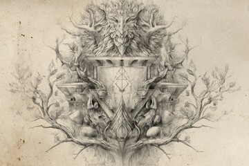 Intricate fantasy symmetry: tree, owl, and geometric shield pencil drawing