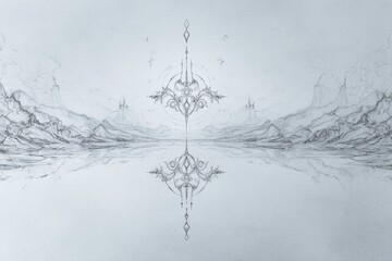 Symmetrical fantasy landscape with intricate central design and mountain scenery