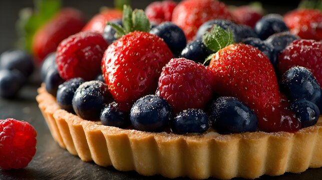 A delicious and fresh mixed berry tart with strawberries and blueberries on a dark background. - Powered by Adobe
