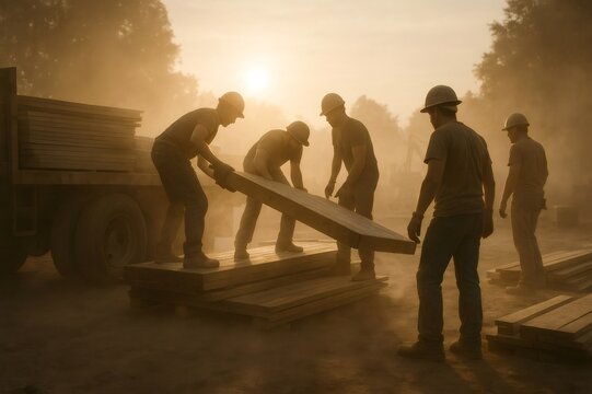 Construction team collaborating, physically moving wooden planks from a truck onto a stack during a dusty morning worksite