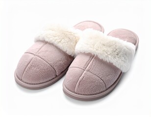 Pair of Pink/Mauve Fuzzy Fleece House Slippers with Faux Fur Trim Isolated on White