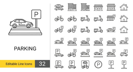 Set of editable line icons representing parking signs, vehicles like cars and bicycles, and buildings, perfect for urban planning and transport themes