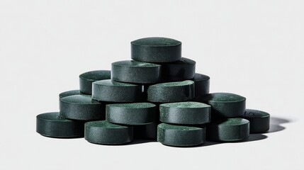 Pile of green spirulina tablets on white background