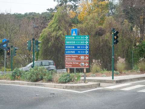 Road sign directing to Venezia, Udine, and Tarvisio in Italy