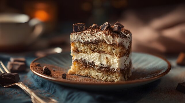 A delicious slice of layered tiramisu chocolate cake on a plate in a cozy cafe setting. - Powered by Adobe