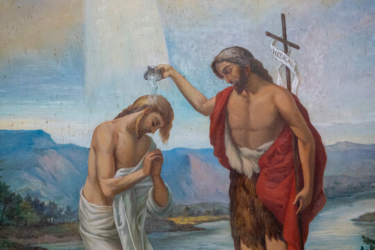 Painting (19th century) of Baptism of Jesus by John the Baptist in the Jordan river.