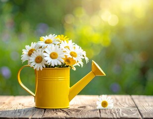 Yellow Watering Can with White and Yellow Daisies on Wooden Table - Sunny Summer Garden Scene