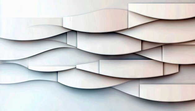 A seamless, abstract background composed of overlapping, curved, and rectangular white panels creating a wave-like pattern. The lighting is soft and diffused, c - Powered by Adobe