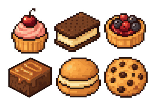 Pixel art desserts collection featuring cupcakes and cookies