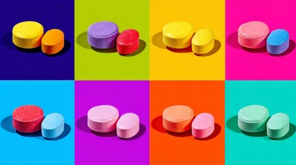 Vibrant multicolored candy arrangement on colorful backgrounds
