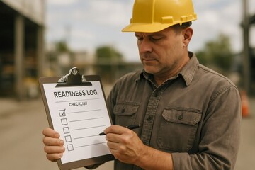 Industrial worker wearing a hard hat, preparing for work by completing a readiness log checklist outdoors