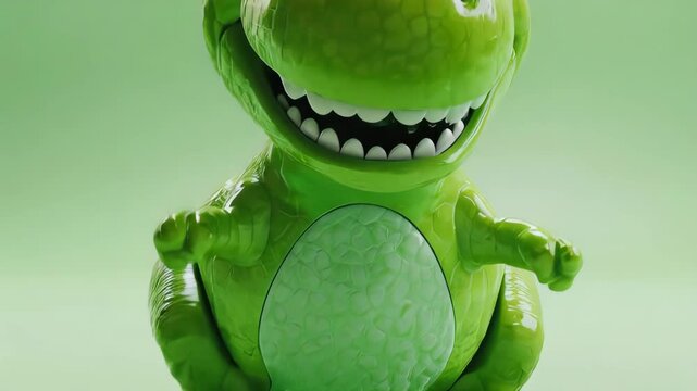 Shiny green dinosaur toy with big grin and wide eyes on light green background