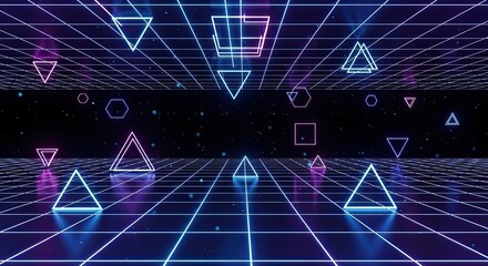 Immerse yourself in this retro synthwave gridscape with glowing neon shapes for a vibrant 80s vibe perfect for futuristic designs and nostalgic projects