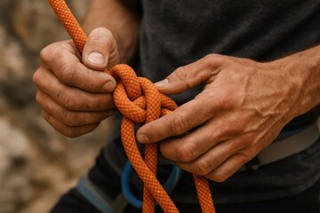 Climber hands engaging an orange climbing rope, meticulously tying a safety knot for outdoor sports and adventure