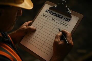 Construction worker completing an attendance list, indicating presence or participation in a work site or meeting