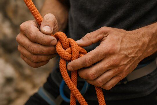 Climber hands engaging an orange climbing rope, meticulously tying a safety knot for outdoor sports and adventure - Powered by Adobe