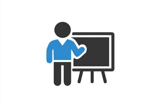 Icon of person presenting at chalkboard with blue shirt