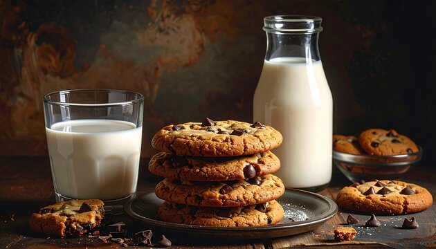 Classic chocolate chip cookies with a glass of milk on a rustic wooden table