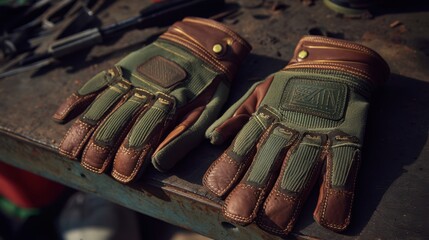 High-Quality Work Gloves on a Rustic Workbench Surrounded by Tools in a Workshop Setting for Industrial and Construction Projects